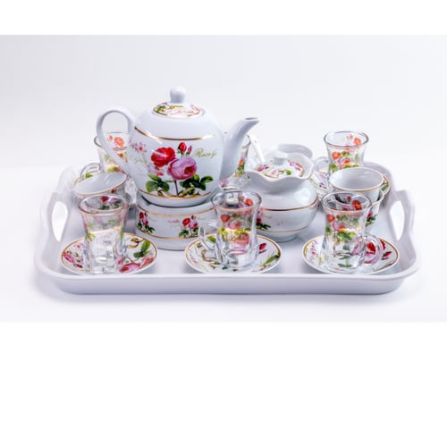 طقم بيالات شاي زجاج وفناجين قهوة سيراميك مع صحون ن...