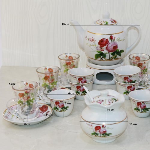 طقم بيالات شاي زجاج وفناجين قهوة سيراميك مع صحون ن...