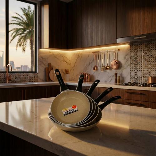 مقلاة رخامي مدور بيج يد طويل مقاس 26 سم