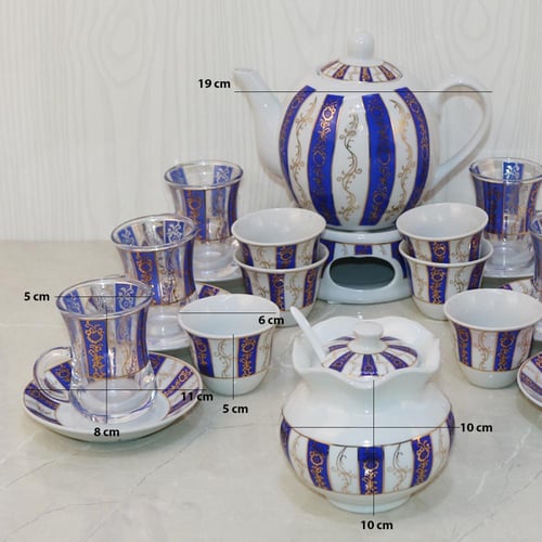 طقم بيالات شاي زجاج وفناجين قهوة سيراميك مع صحون ن...