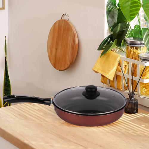 مقلاة تيتانيوم مدور بني بيد طويل غطاء زجاج 26 سم