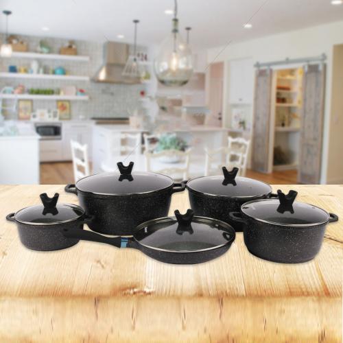 طقم قدور جرانيت اسود 10 قطعة غطاء زجاج