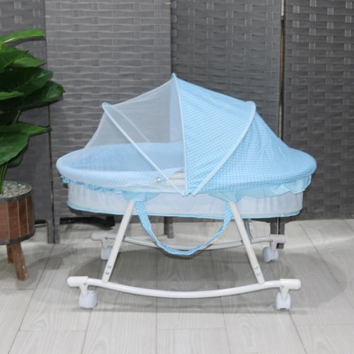 سرير اطفال مع ناموسية ازرق بكفرات