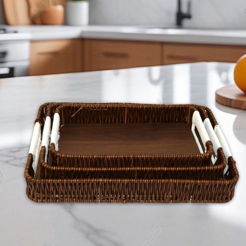 طقم تباسي خشب بخزف بني مستطيل 3ح