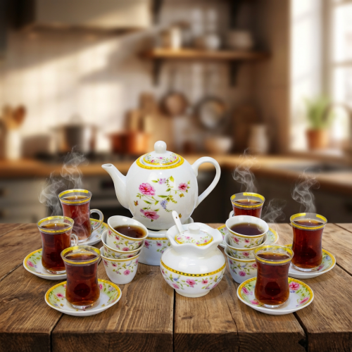 طقم بيالات شاي زجاج وفناجين قهوة سيراميك مع صحون ا...