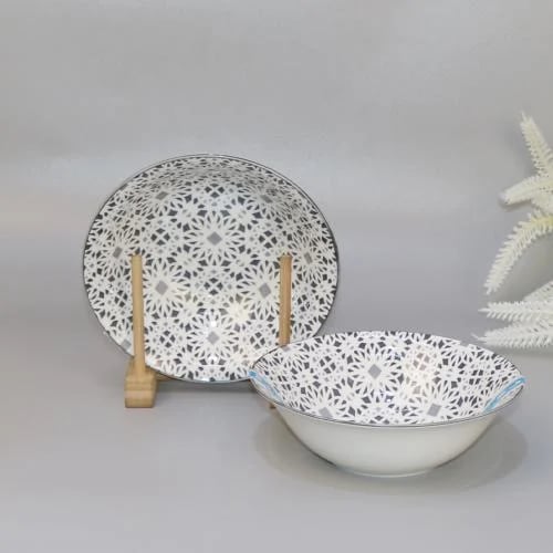 Round ceramic bowl 2-piece gray engraved