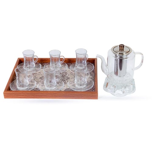 طقم بيالات شاي زجاج مع براد مع تبسي خشب مع صحون 15...