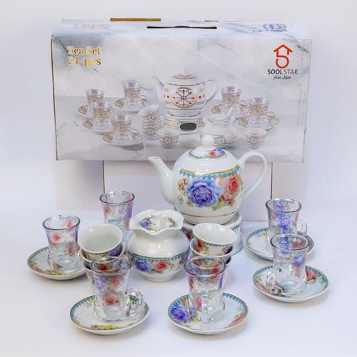 طقم بيالات شاي زجاج وفناجين قهوة سيراميك مع صحون ا...