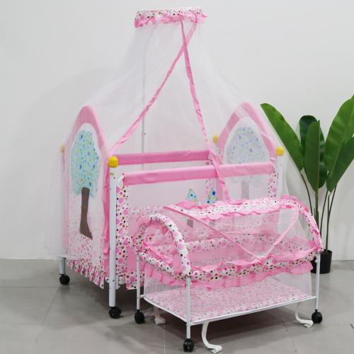 سرير اطفال خشب مع ناموسية وردي110*60 سم