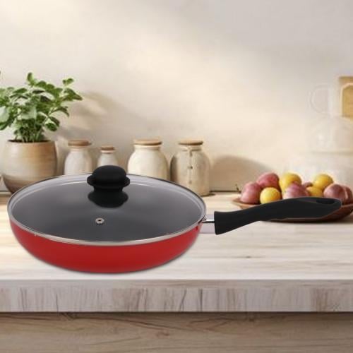 مقلاة مدورغطاء زجاج بيد طويل مقاس احمر سادة 30 سم