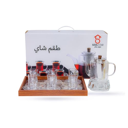 طقم بيالات شاي زجاج مع براد مع تبسي خشب مع صحون 15...