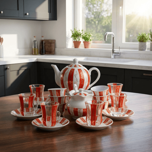 طقم بيالات شاي زجاج وفناجين قهوة سيراميك مع صحون ن...