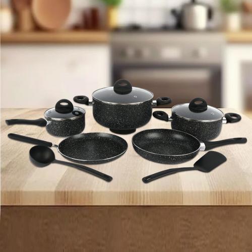 طقم قدور جرانيت اسود غطاء زجاج 10 قطعة