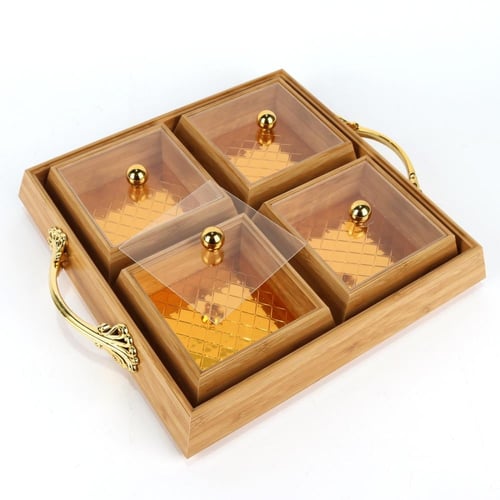 علب مكسرات خشب مربع ذهبي مقسم بغطاء 4 خانة 30*30*6...