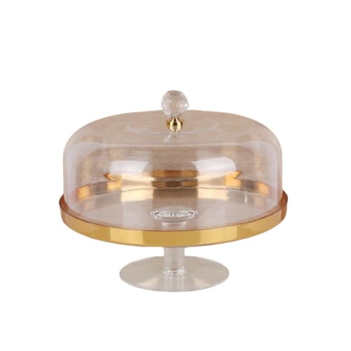 صحن كيك مدور مذهب بغطاء وقاعدة شفاف