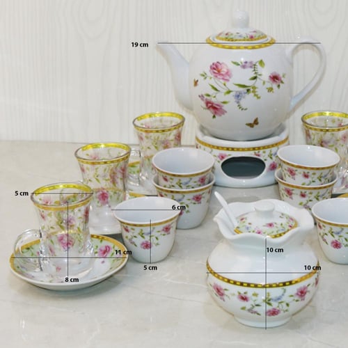 طقم بيالات شاي زجاج وفناجين قهوة سيراميك مع صحون ا...