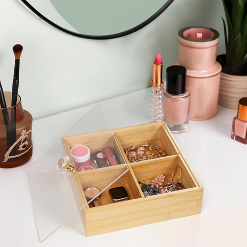 تباسي تقديم خشب مربع مقسم بغطاء 4 خانة