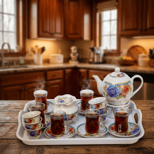 طقم بيالات شاي زجاج وفناجين قهوة سيراميك مع صحون ن...