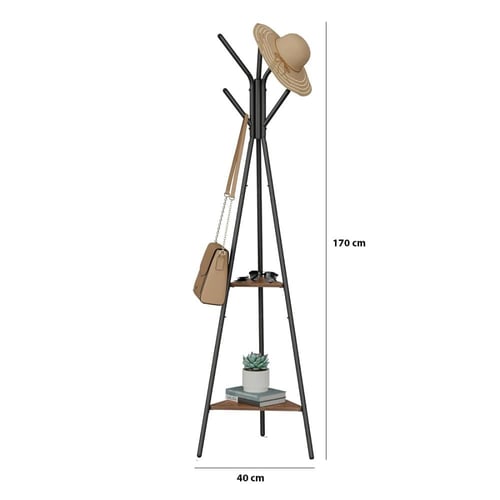 شماعة ملابس حديد اسود مع رف خشب مثلث بني 2 دور