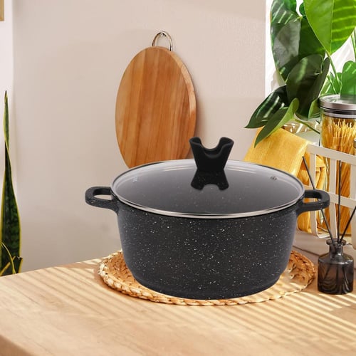 طقم قدور جرانيت اسود 10 قطعة غطاء زجاج