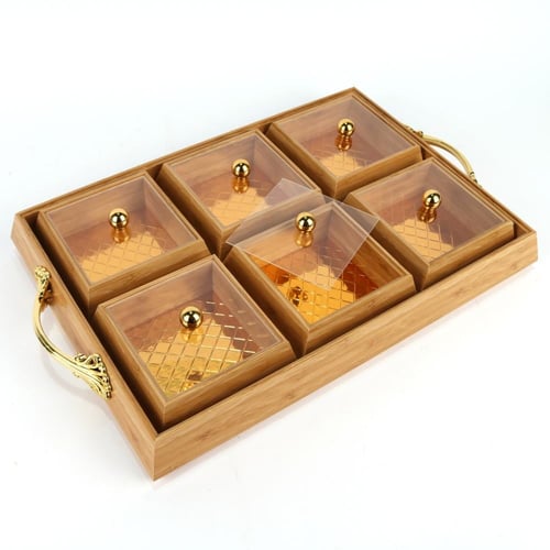 علب مكسرات خشب مستطيل ذهبي مقسم بغطاء 42*30*6سم