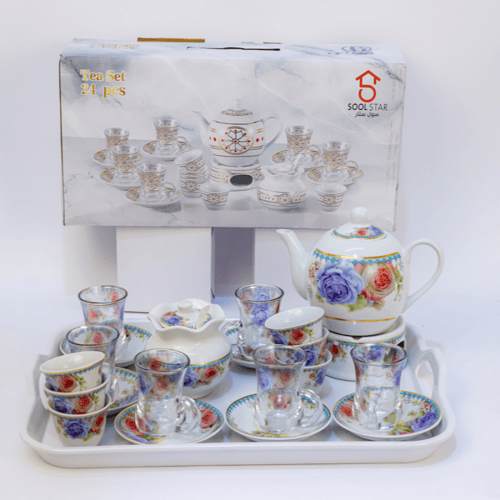 طقم بيالات شاي زجاج وفناجين قهوة سيراميك مع صحون ا...