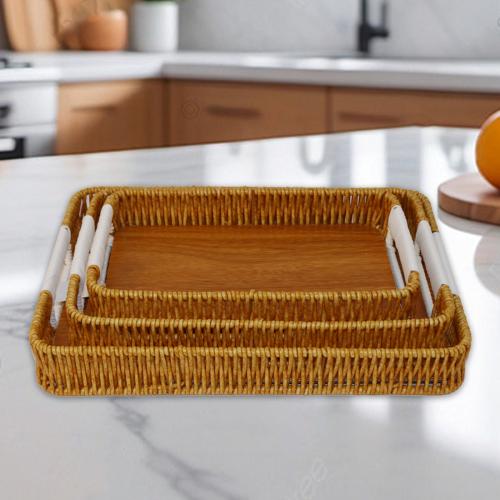 طقم تباسي خشب بخزف مستطيل لون خشبي 3ح