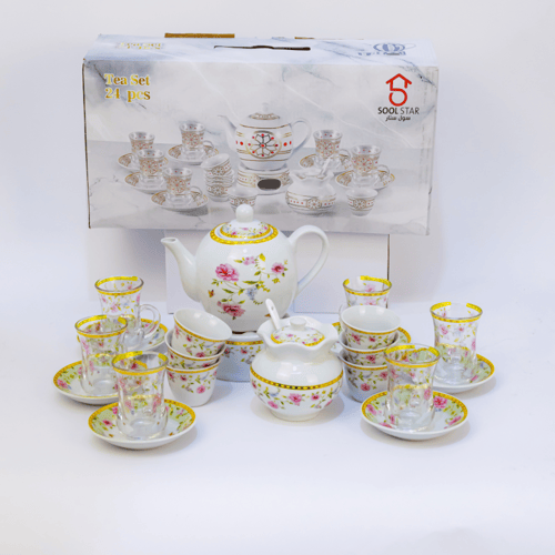 طقم بيالات شاي زجاج وفناجين قهوة سيراميك مع صحون ا...