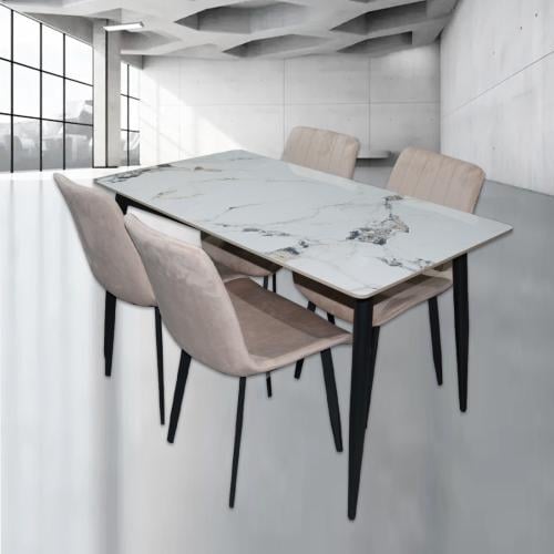 طقم طاولة سيراميك ابيض مع 4 كراسي بيج 130*70*6 سم