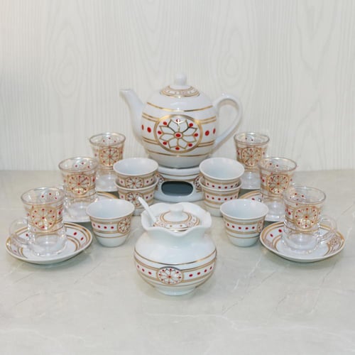 طقم بيالات شاي زجاج وفناجين قهوة سيراميك مع صحون ا...