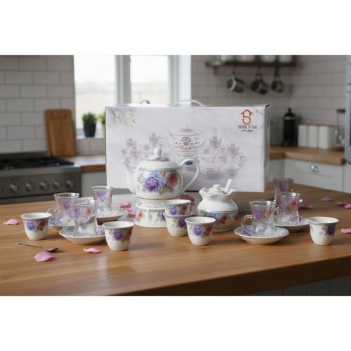 طقم بيالات شاي زجاج وفناجين قهوة سيراميك مع صحون ن...