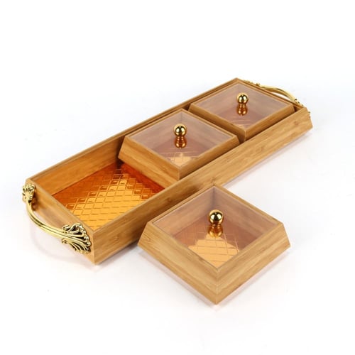 علب مكسرات خشب مستطيل ذهبي مقسم بغطاء 42*16*6سم