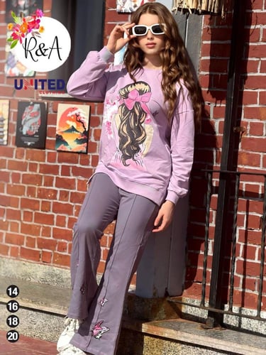 طقم خروجي بناتي أنيق بلون موف رقيق مع بنطلون واسع...