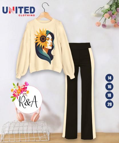 طقم خروجي بناتي أنيق بلون بيج مميز وبنطلون واسع بخ...