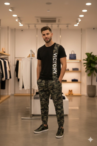 ترنج كاجول تيشرت كحلي مزين بخط ابيض واحمر مع بنطلو...