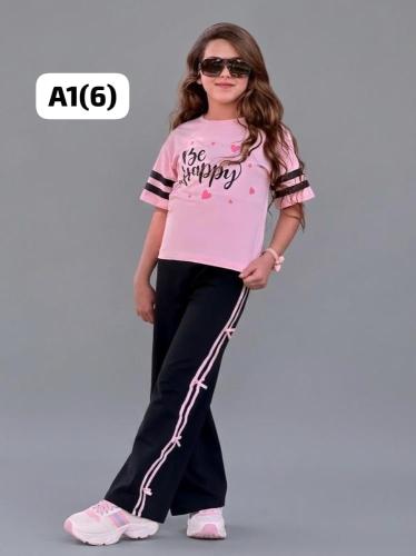 طقم كاجوال بناتي قطن 100% (تيشرت وردي × بنطلون أسو...