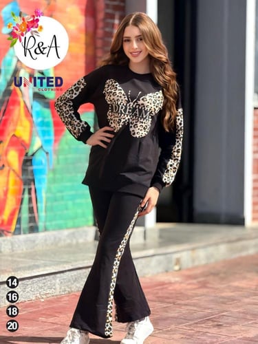 طقم خروجي بناتي أنيق بلوزة بأكمام منقطة وتصميم فرا...