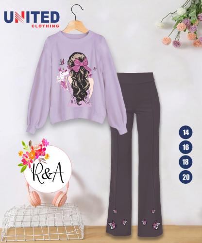 طقم خروجي بناتي أنيق بلون موف رقيق مع بنطلون واسع...