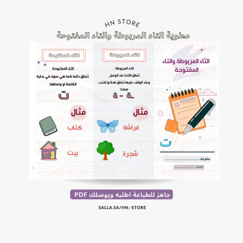 مطوية التاء المربوطة والتاء المفتوحة للصف الثاني -...