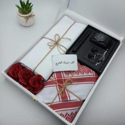 طقم هدايا رجالي فاخر – قماش مع شماغ + ساعة وقلم وك...