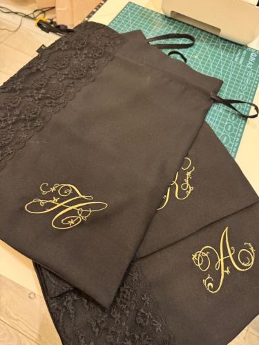 Embroidery of a cloak bag with engraved letters