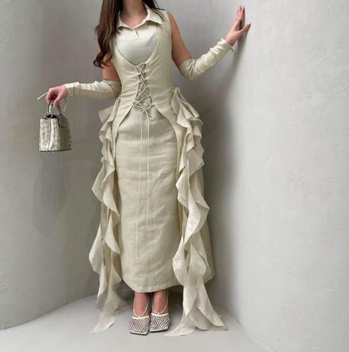 فستان بيج أنيق طويل