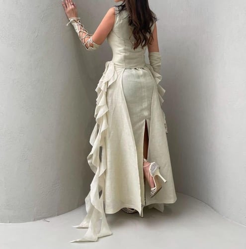 فستان بيج أنيق طويل