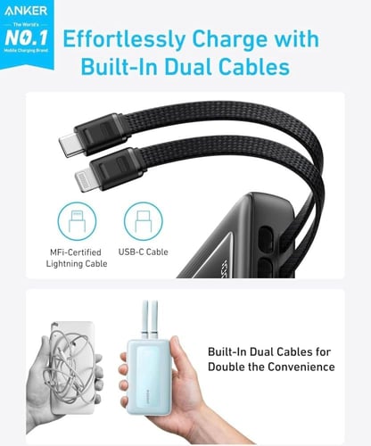 باور بانك 20000 ابيض مع كيبلين من ANKER
