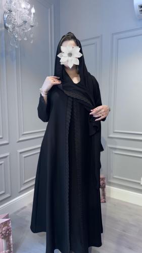 Black Sumo Abaya, linen with embroidered lace