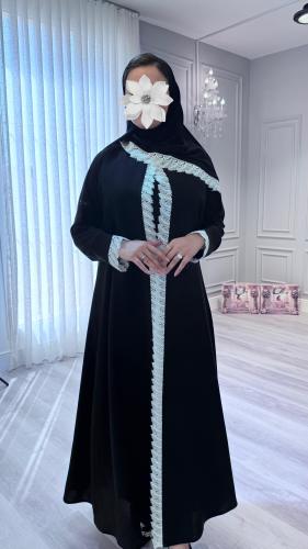 White royal abaya, linen, with white lace