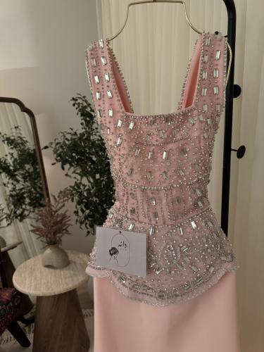 Evening dress with bank decorated with rhinestone
