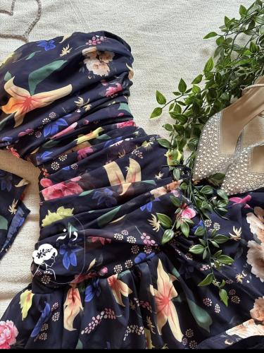 A navy floral dress