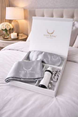 Luxury Natural Mulberry Silk Set – Pillowcase, Sleep Mask, Hair Accessories & White Tea Mist