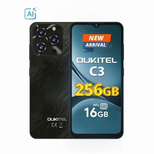 اوكيتل جوال C3 ثنائي الشريحة بذاكرة رام 4+12 جيجابايت وذاكرة داخلية 256 جيجابايت يدعم 4G لون اسود